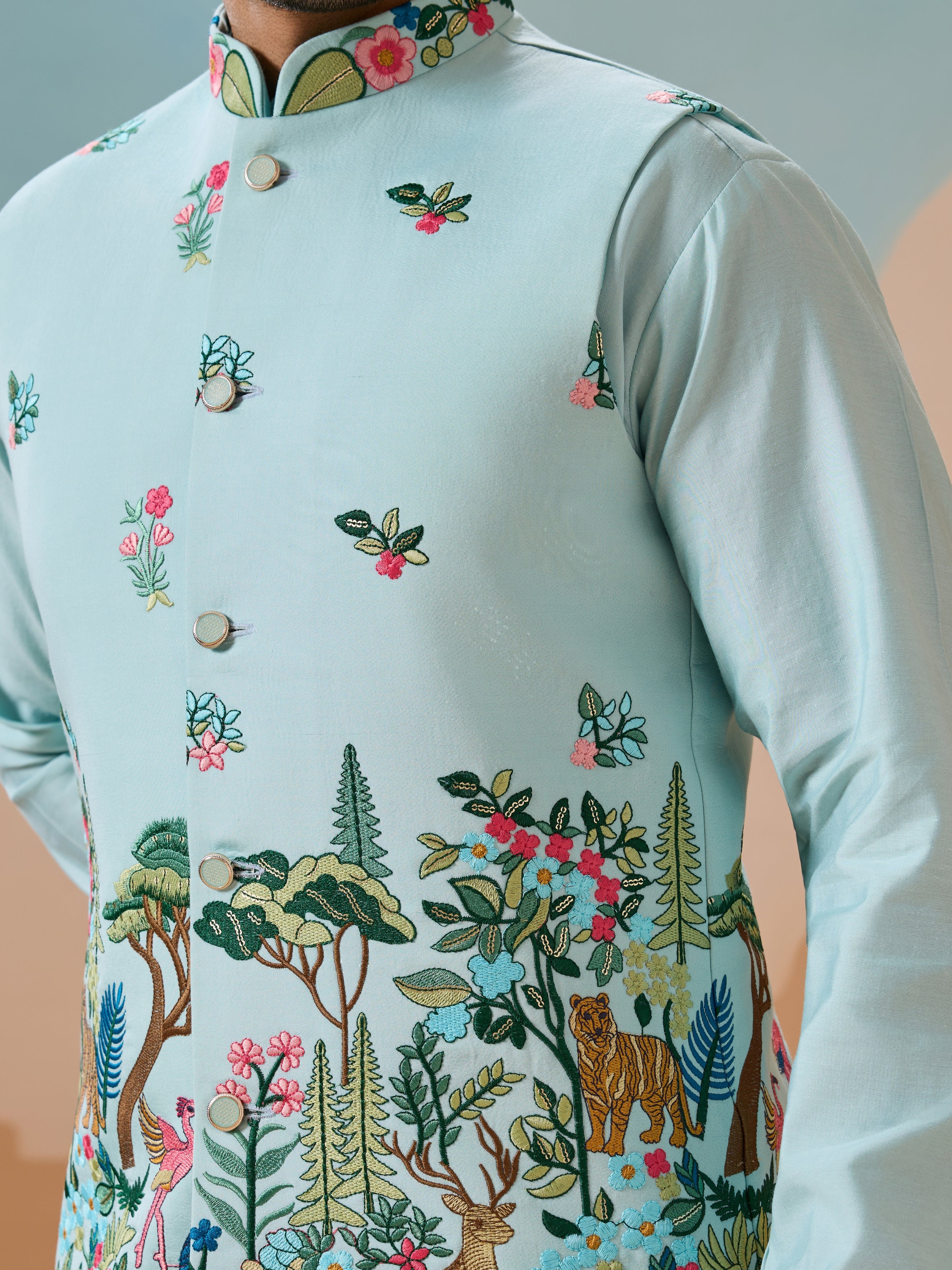 Stylish Sky Color Mens Koti Kurta Set Collection

