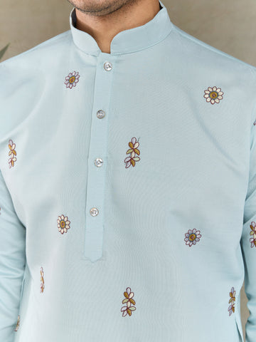 Traditional Sky Color Embroidered Kurta Pajama Set for Men