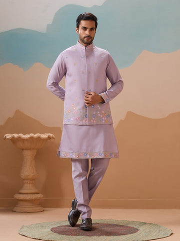 Trendy Lavender Wedding Celebration Kurta Jacket With Pant For Mens
