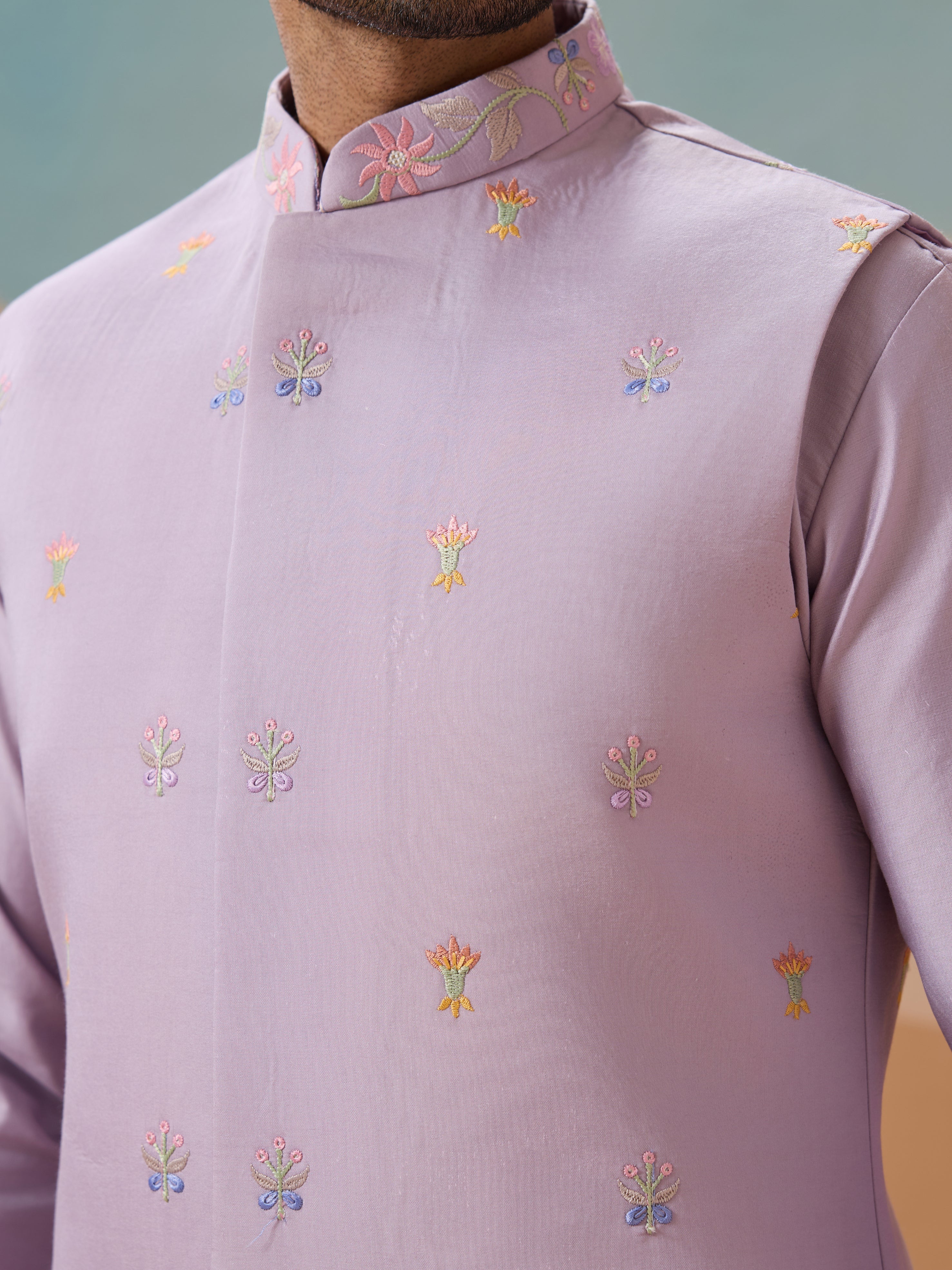Trendy Lavender Wedding Celebration Kurta Jacket With Pant For Mens
