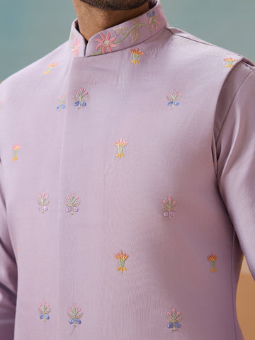 Trendy Lavender Wedding Celebration Kurta Jacket With Pant For Mens
