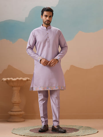 Trendy Lavender Wedding Celebration Kurta Jacket With Pant For Mens
