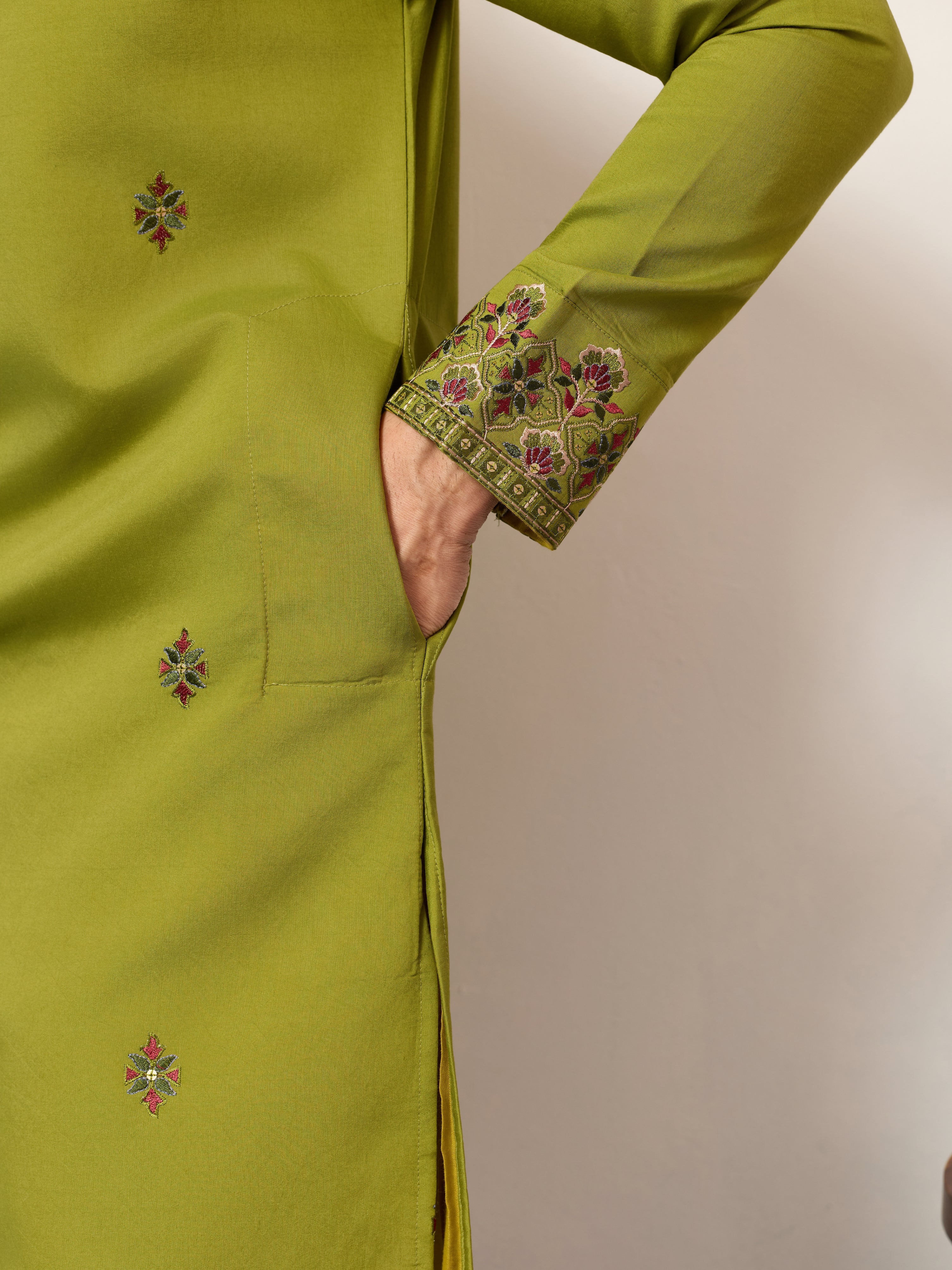 Classic Wedding Fluorescent Green Mens Wear Kurta with Dupatta