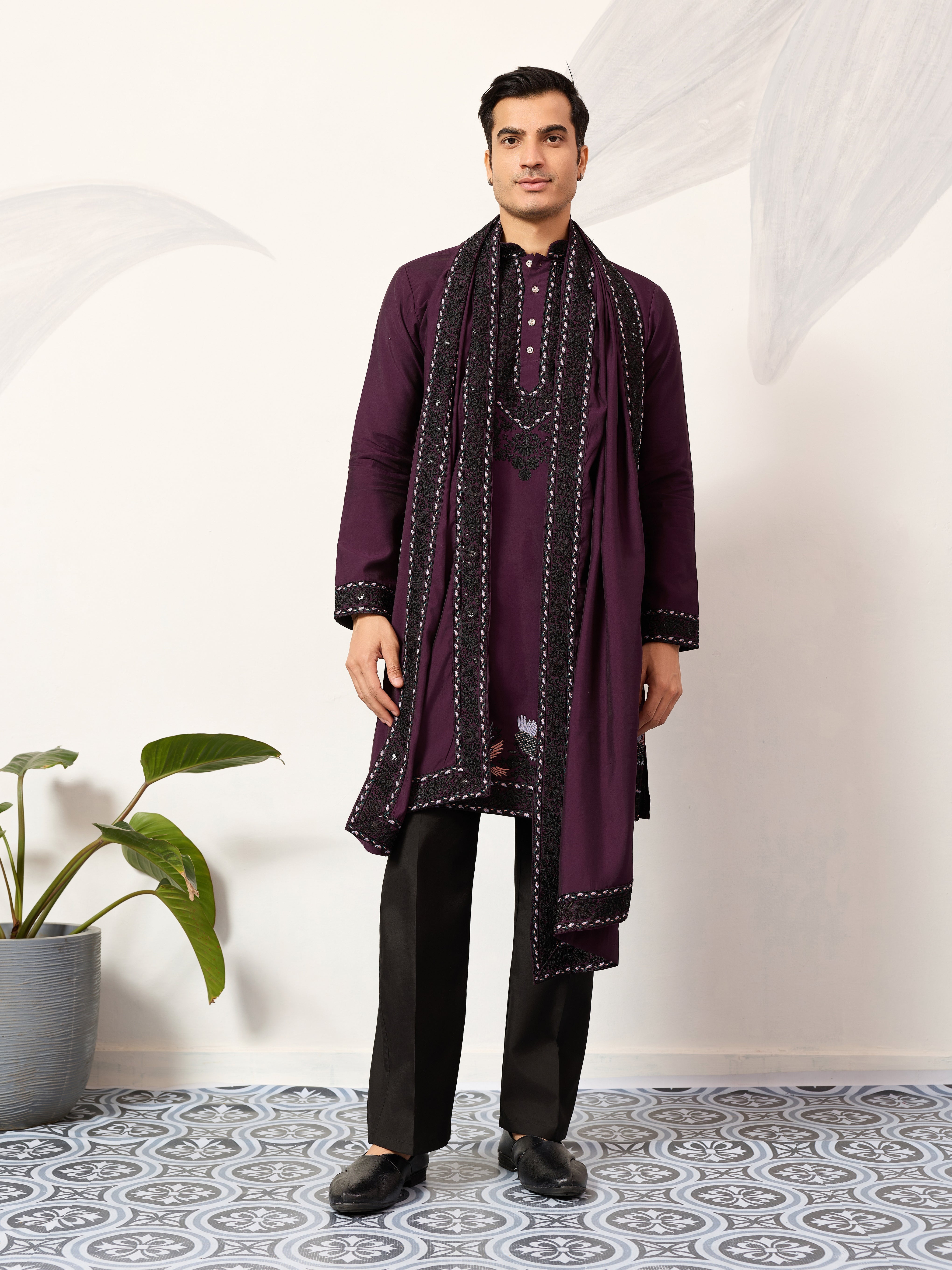 Purple Wedding Special Kurta with Dupatta for Mens Wear