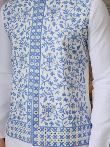 Traditional White Kurta Blue Koti Pajama for Men

