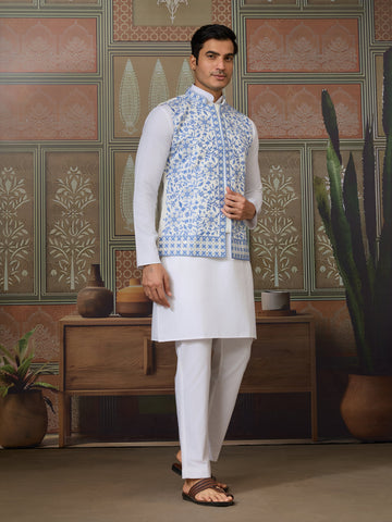 Traditional White Kurta Blue Koti Pajama for Men
