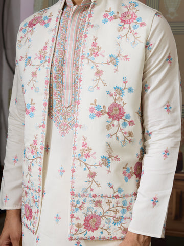 Ethnic White Embroidered Koti Kurta Set for Men
