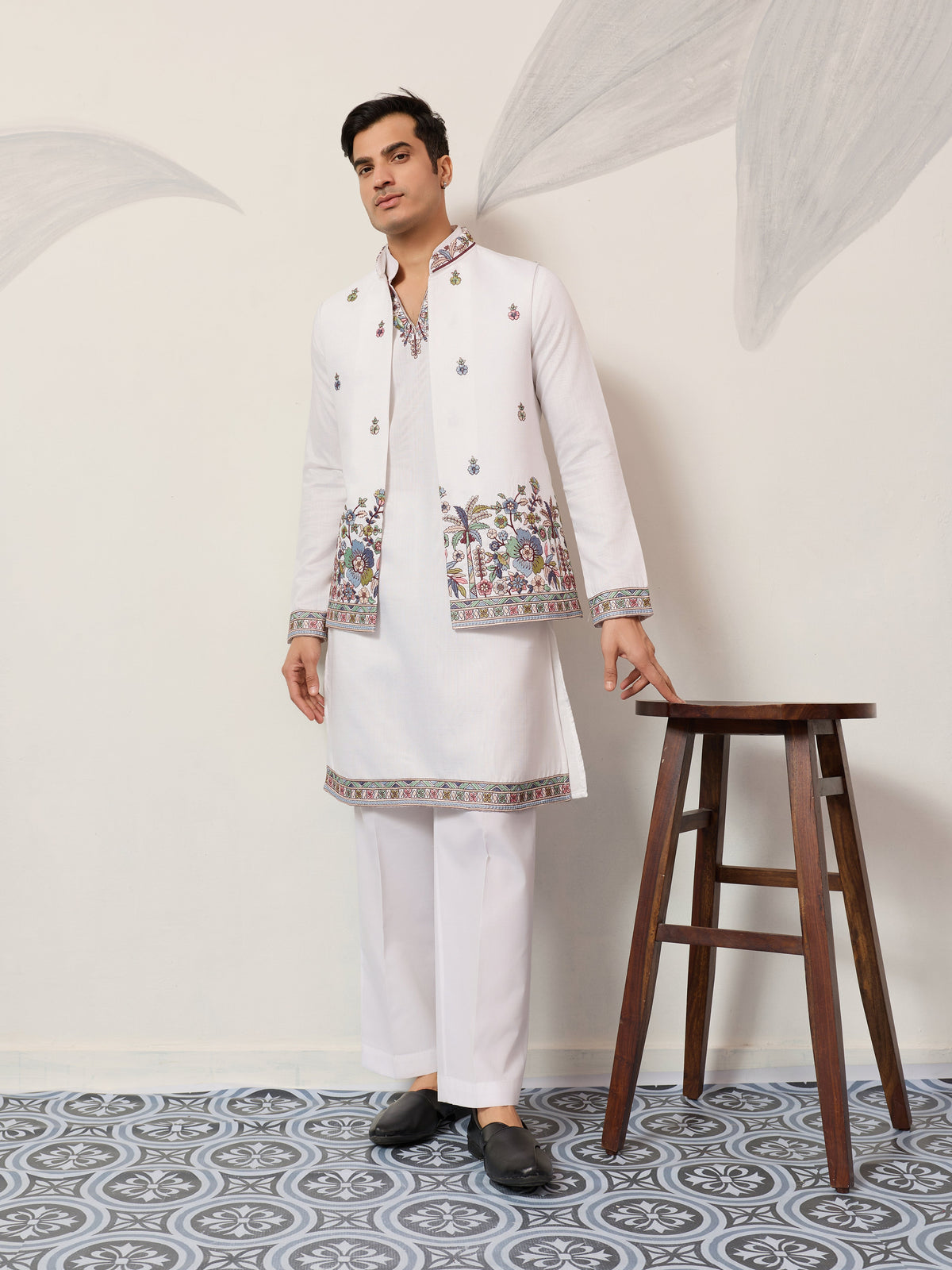 Indian Traditional White Koti Kurta Pant for Mens Wear