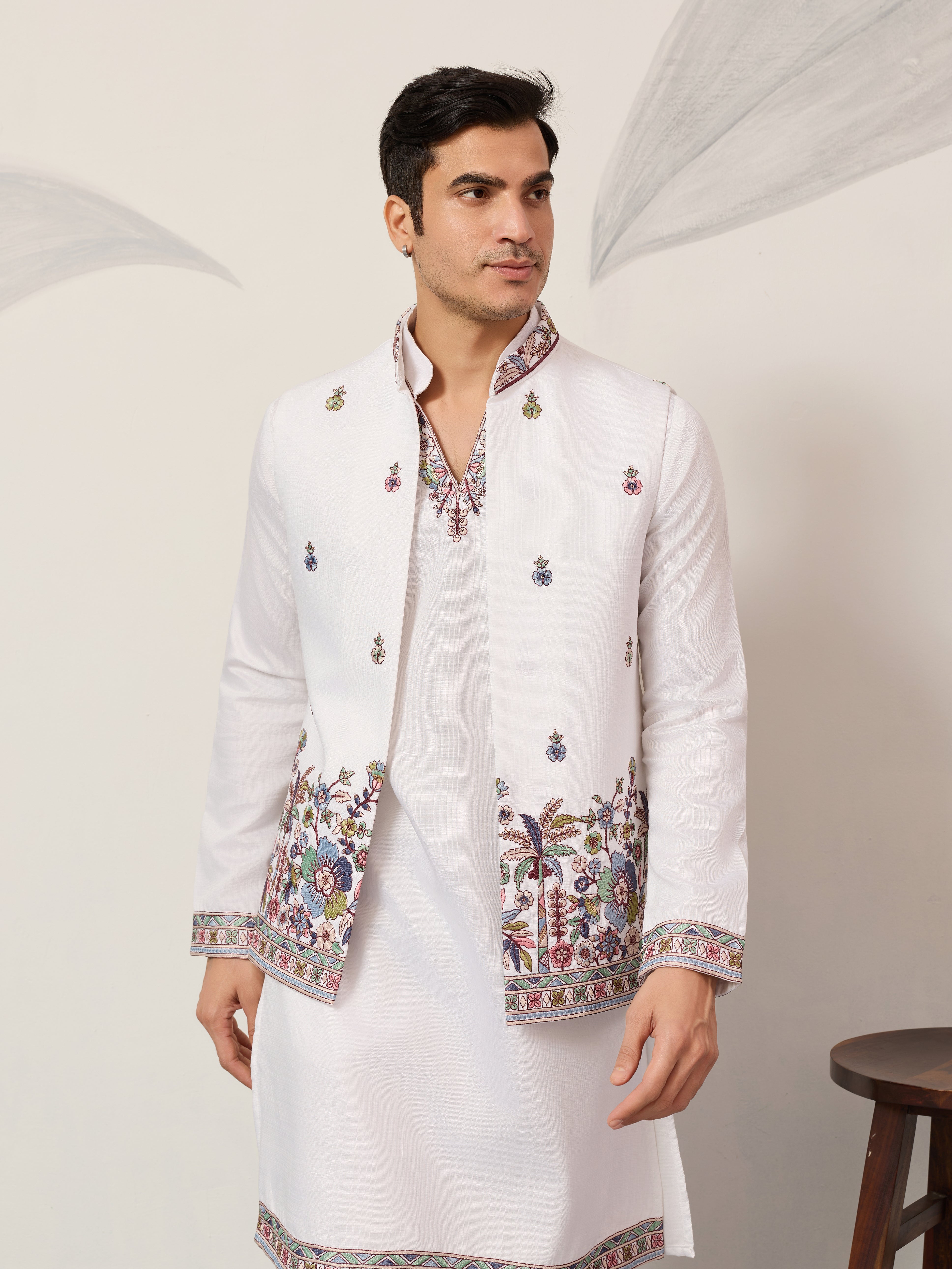 Indian Traditional White Koti Kurta Pant for Mens Wear