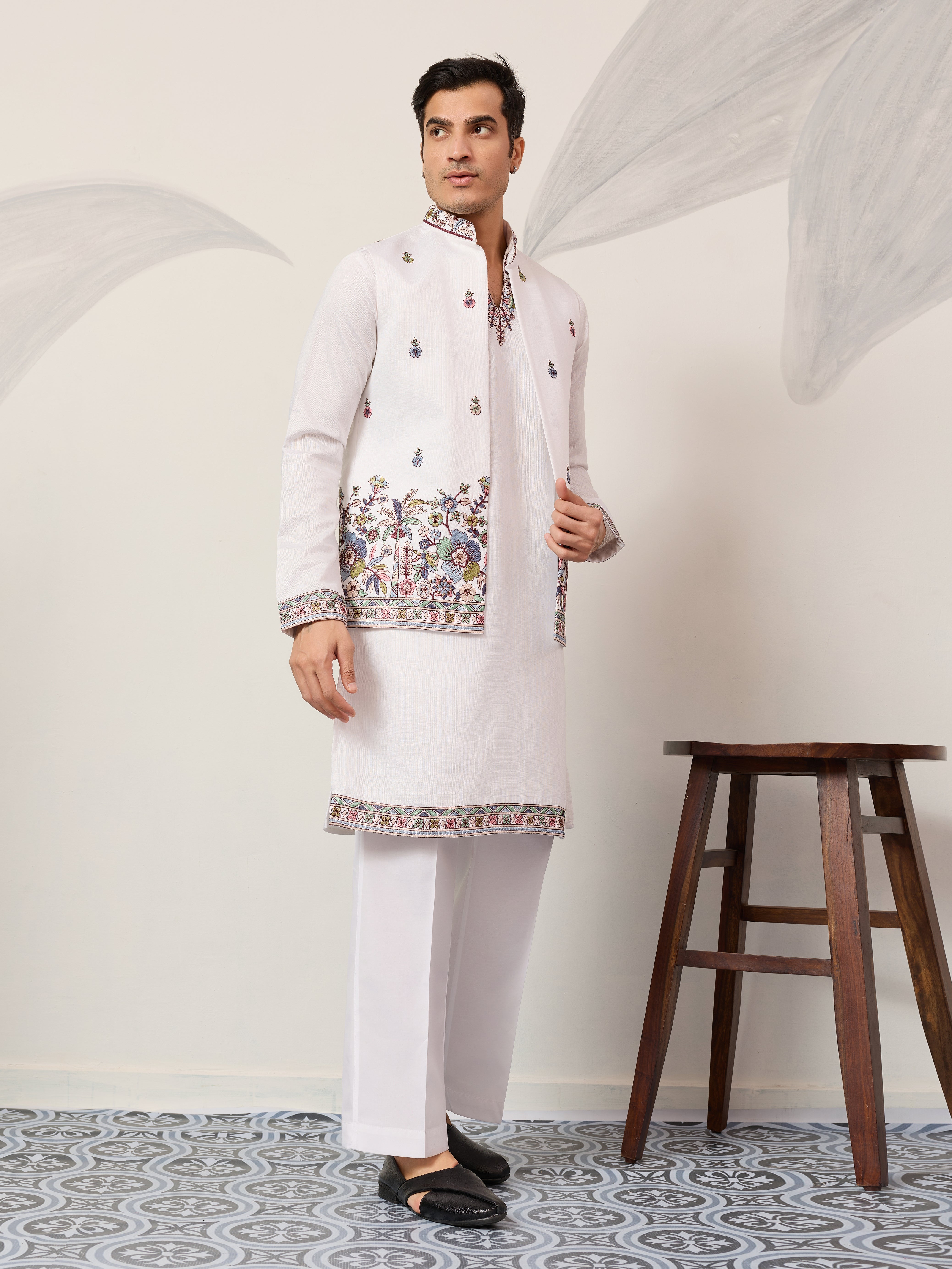 Indian Traditional White Koti Kurta Pant for Mens Wear
