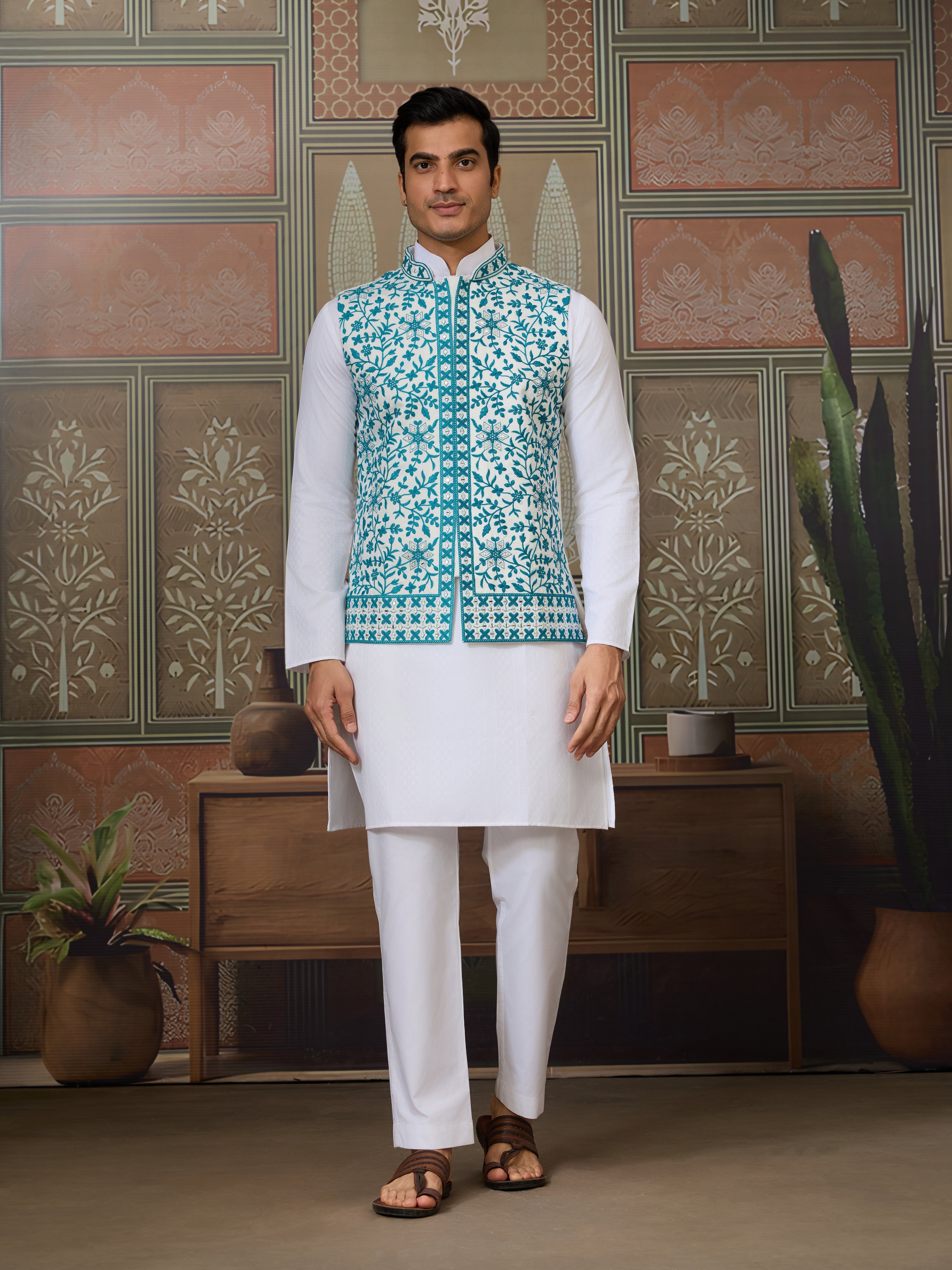 Traditional White Kurta with Teal Green Koti for Men
