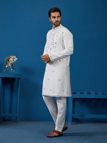 White Real Mirror Work Kurta Pant Set for Mens Wear