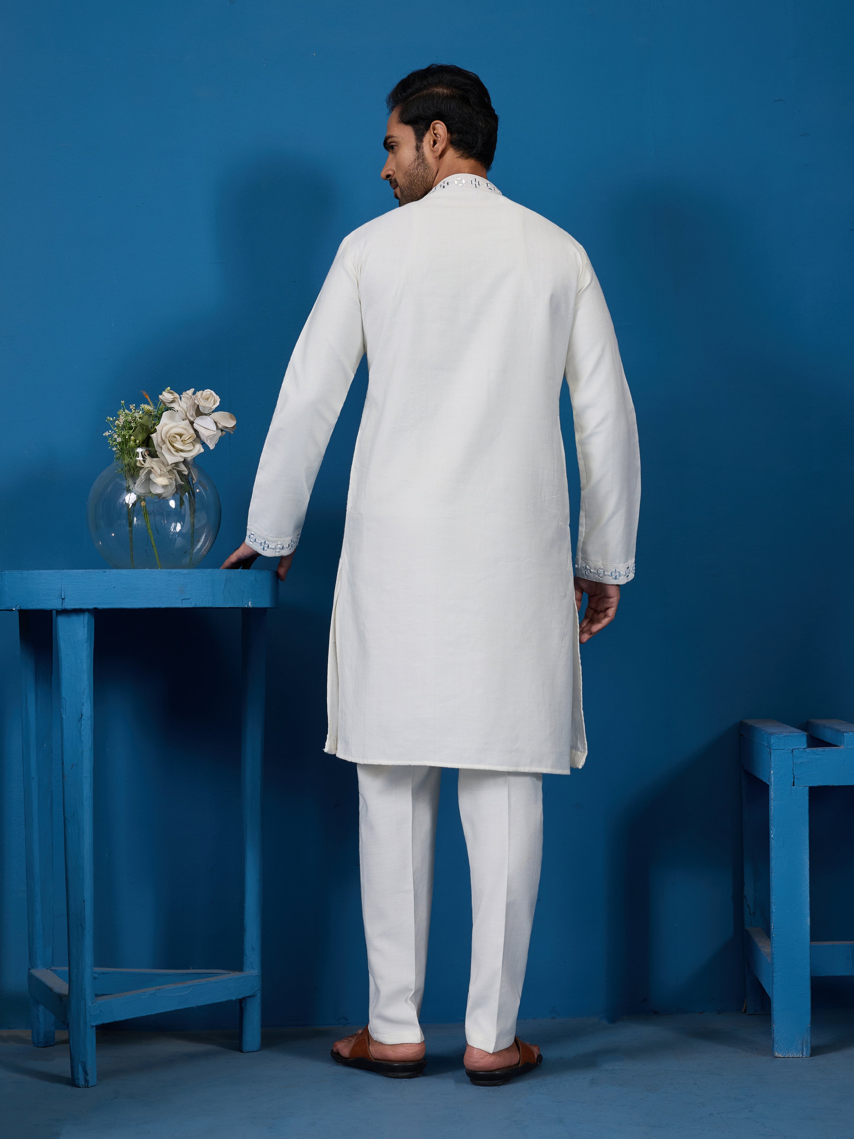 White Real Mirror Work Kurta Pant Set for Mens Wear