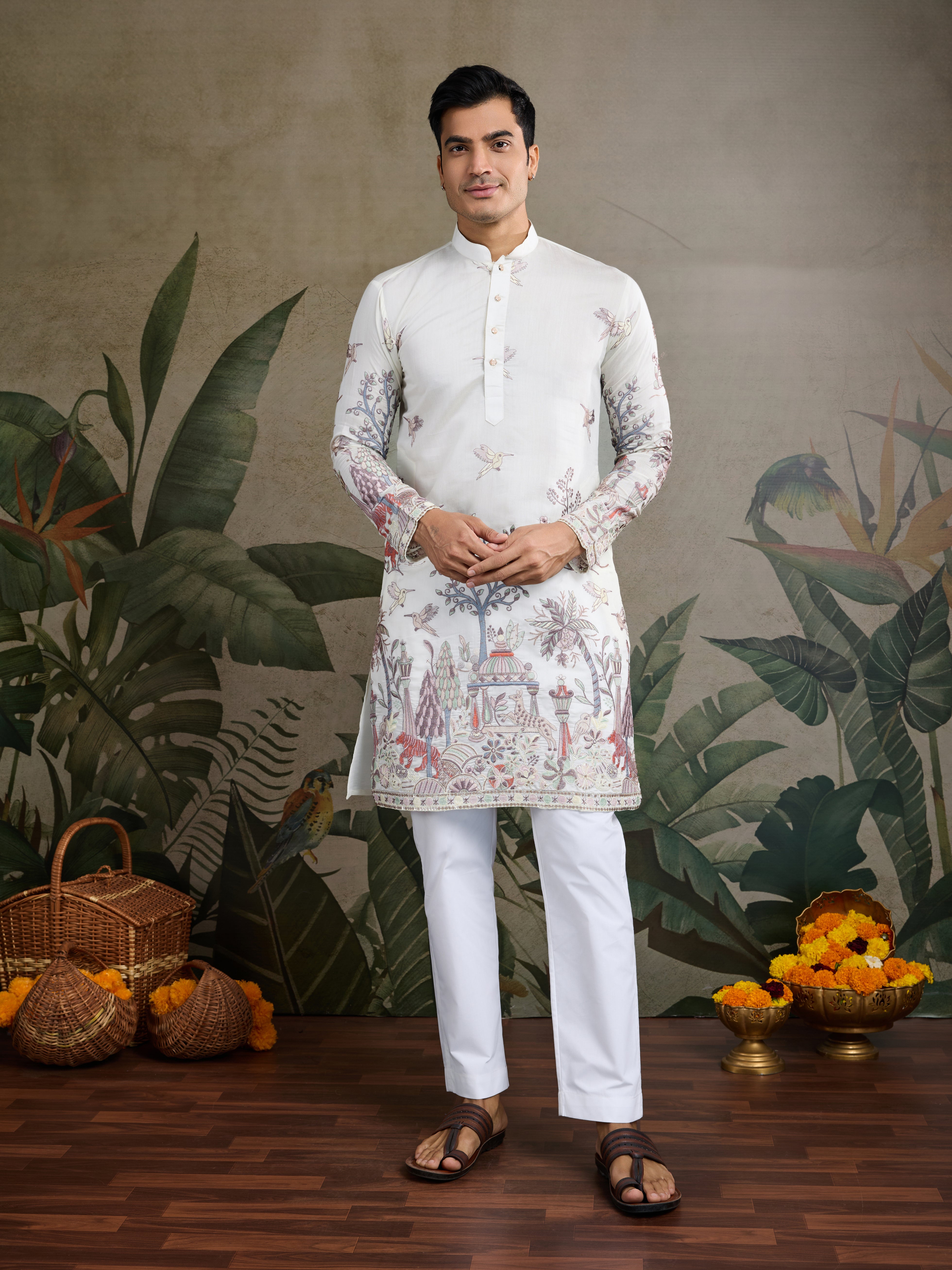 
Designer White Silk printed kurta for men