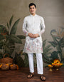 Designer White Silk printed kurta for men