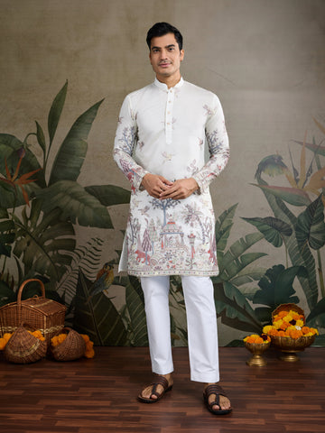 
Designer White Silk printed kurta for men