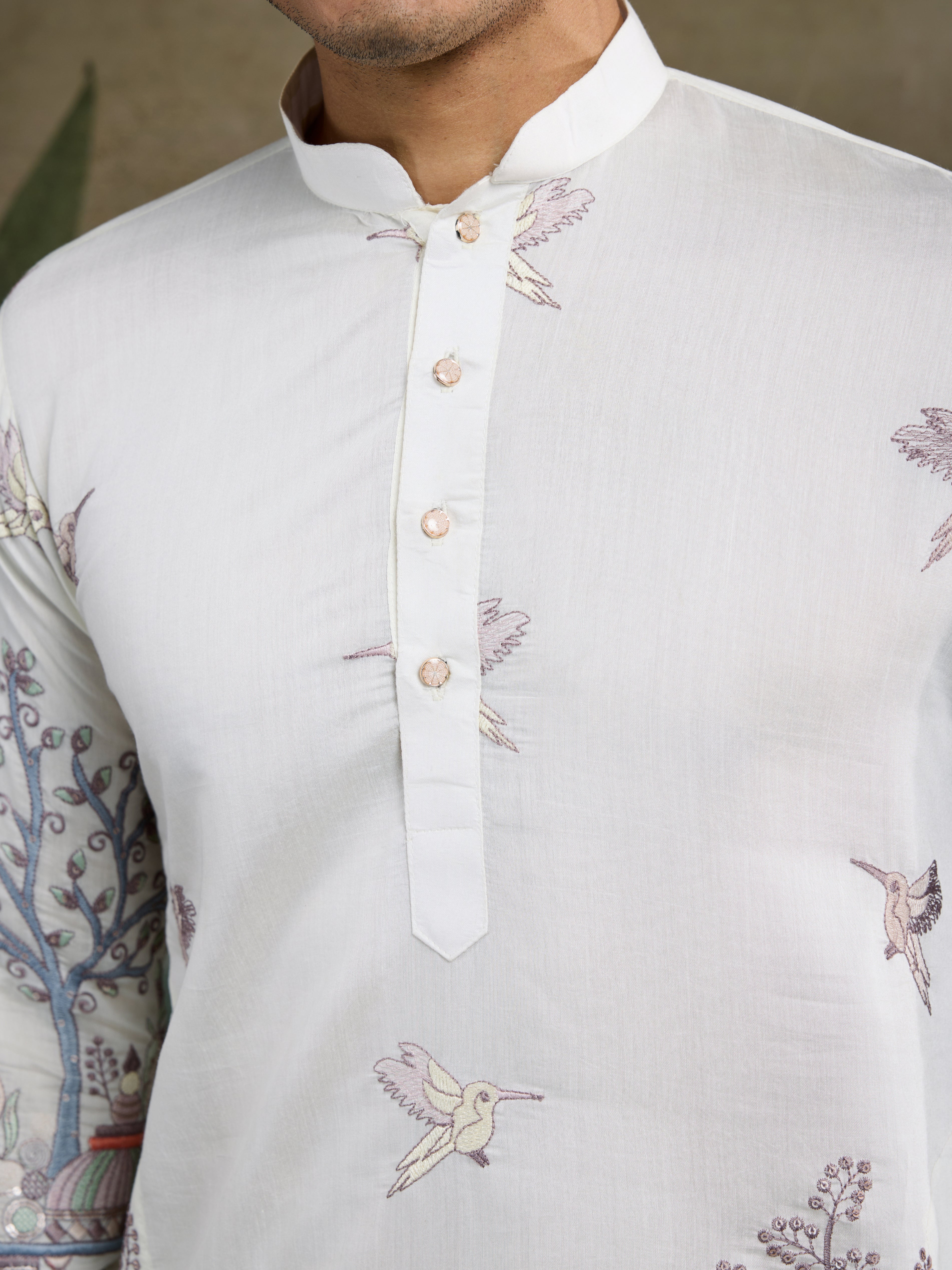 
Designer White Silk printed kurta for men