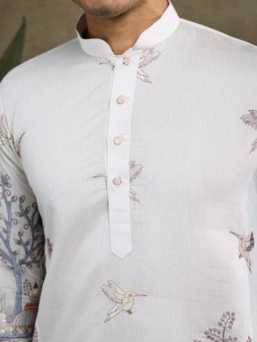 
Designer White Silk printed kurta for men