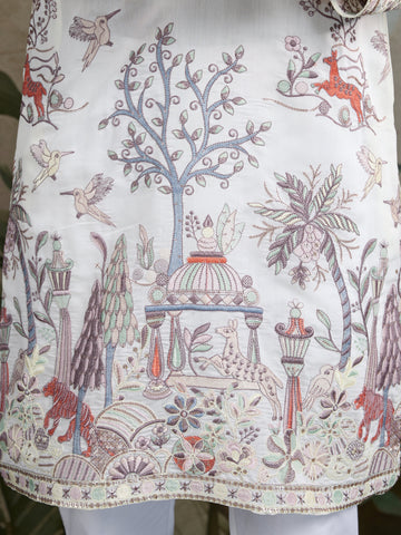 
Designer White Silk printed kurta for men