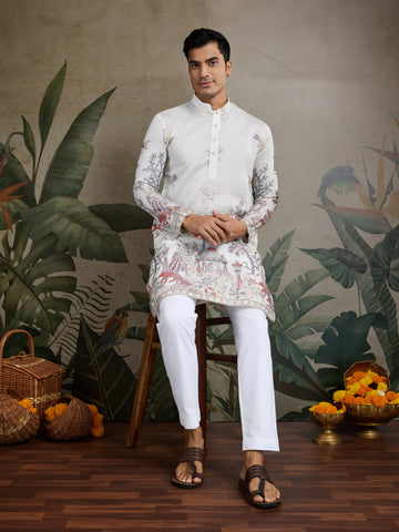 
Designer White Silk printed kurta for men