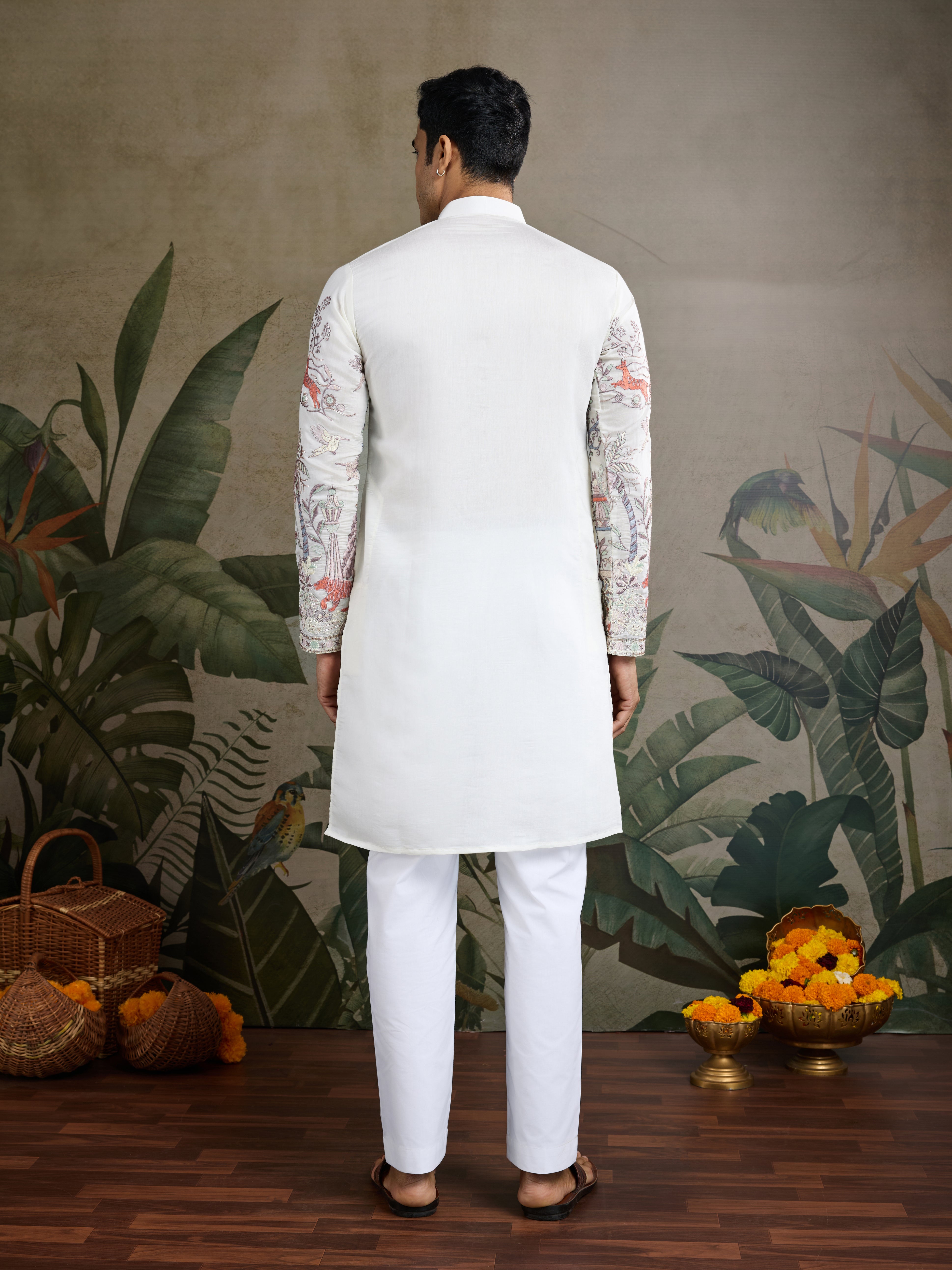 
Designer White Silk printed kurta for men