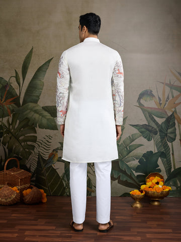 
Designer White Silk printed kurta for men