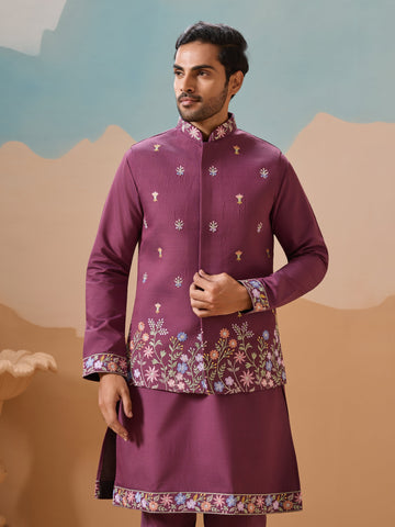 Wine Color Embroidered Kurta Jacket with Pant for Mens
