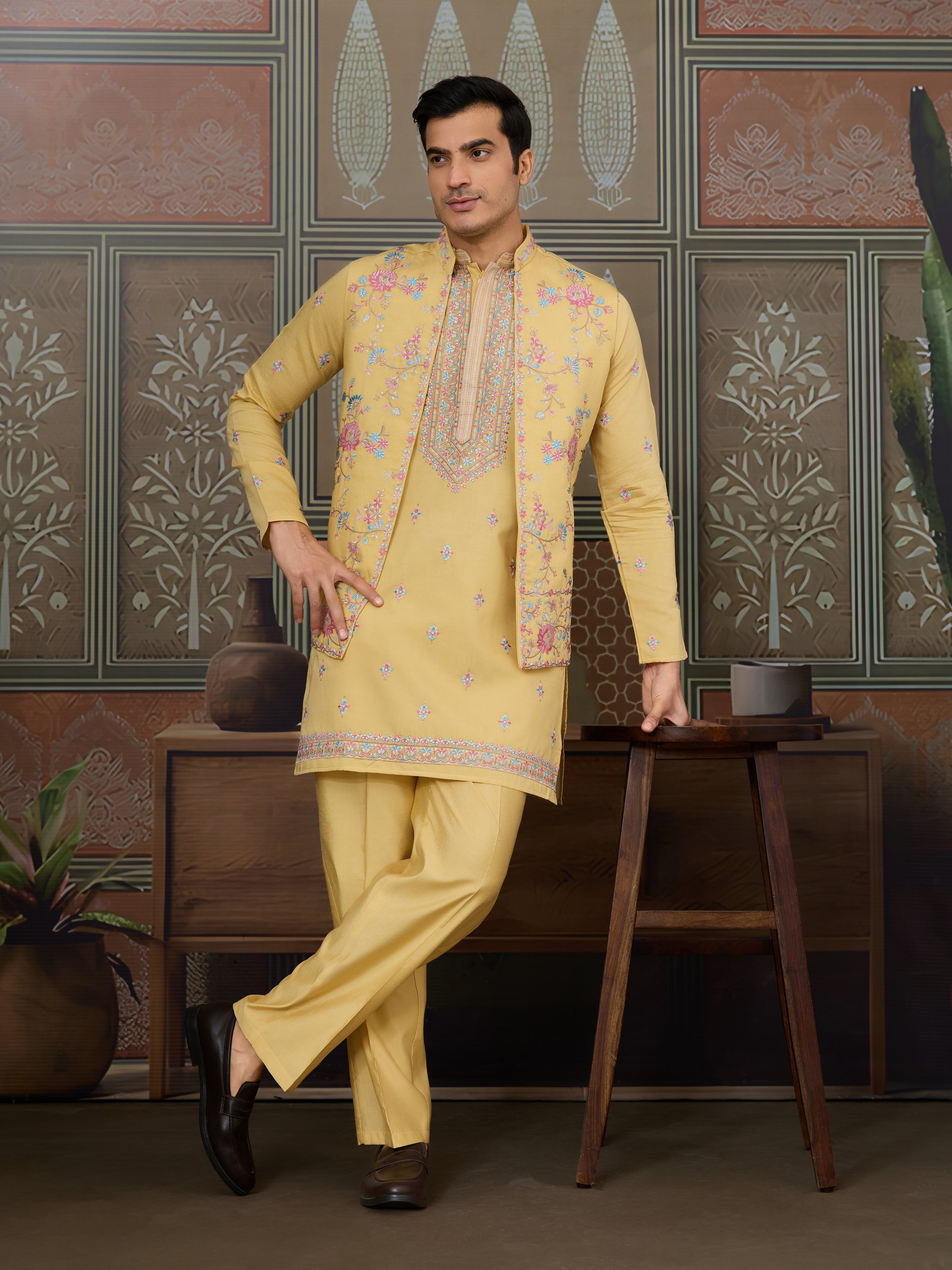 Trending Yellow Haldi Ceremony Koti Kurta for Men