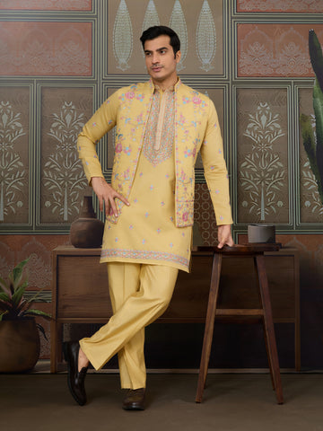Trending Yellow Haldi Ceremony Koti Kurta for Men