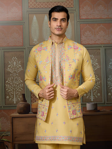 Trending Yellow Haldi Ceremony Koti Kurta for Men
