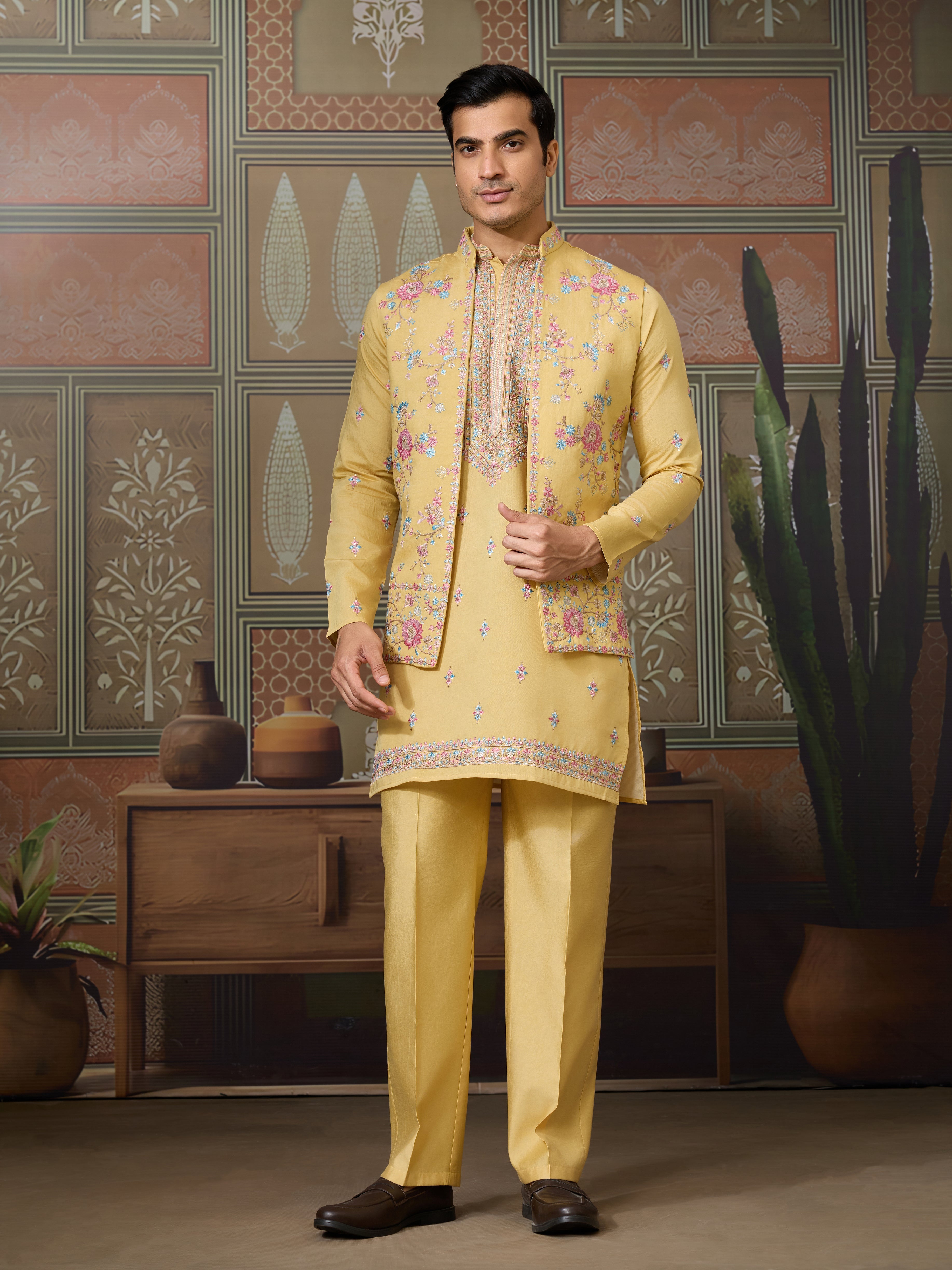 Trending Yellow Haldi Ceremony Koti Kurta for Men
