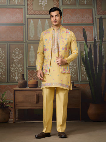 Trending Yellow Haldi Ceremony Koti Kurta for Men
